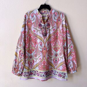 Robert Graham Women’s Purple Paisley Tunic Top XL Embroidered Floral Blouse Boho